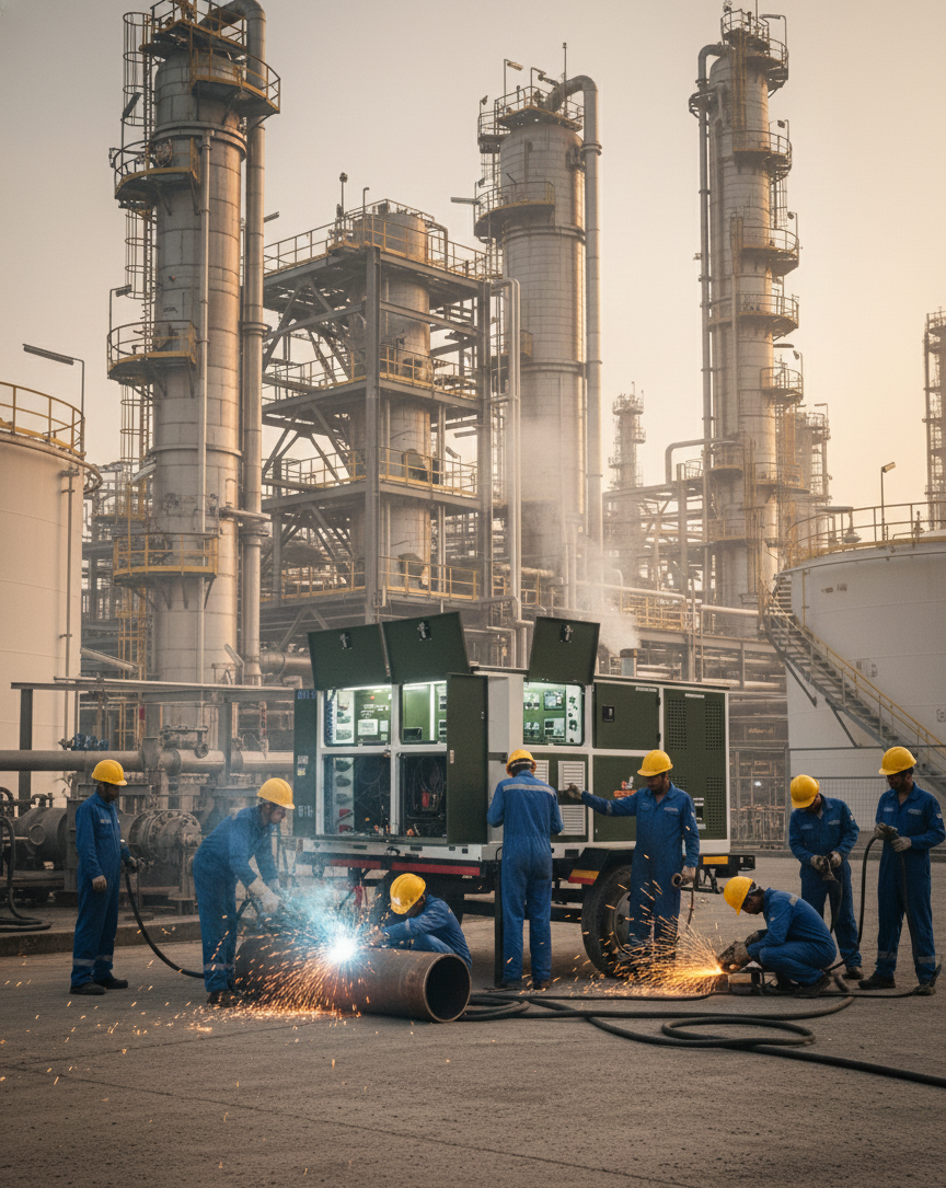 Industrial welding and cutting operations at refinery site